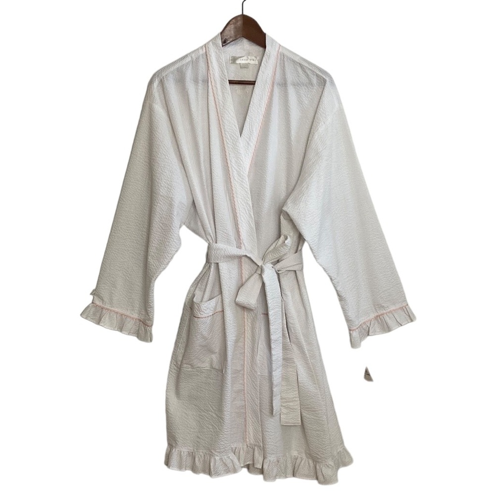 New Eileen West Robe Womens XL White Seersucker Pink Trim Ruffles Dressing Gown